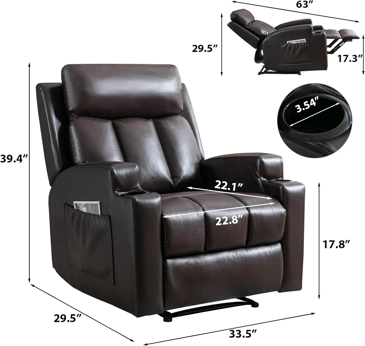 Phoenix Home Manual Recliner Chair with Massage and Heat Ergonomic Overstuffed Breathable Fabric Reclining Chair with 2 Side Pockets, 2 Cup Holders, Remote Control, Living Room, Bedroom, Brown