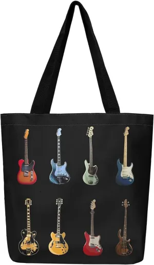 Piano and Guitar Canvas Tote Bag,Musical Notes Tote Bag,Modern Music Themed Shopping Grocery Bags