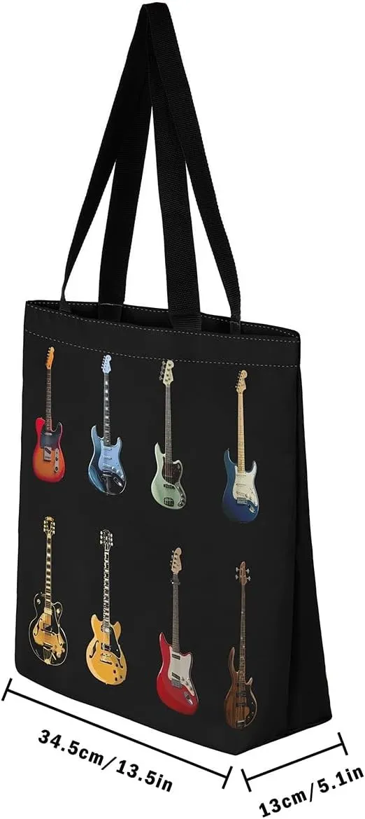 Piano and Guitar Canvas Tote Bag,Musical Notes Tote Bag,Modern Music Themed Shopping Grocery Bags