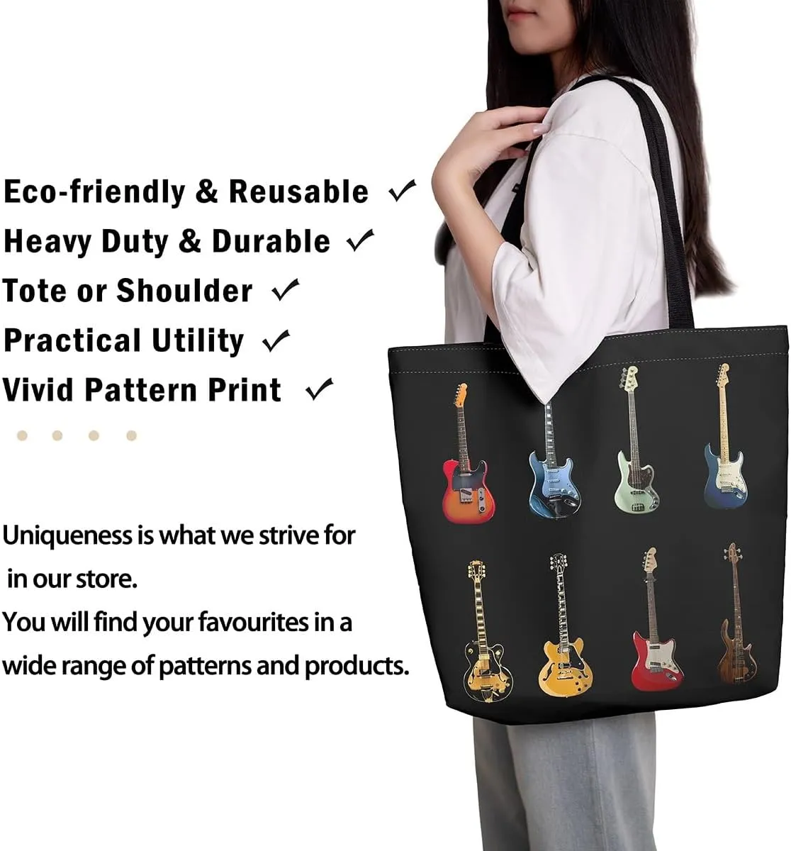 Piano and Guitar Canvas Tote Bag,Musical Notes Tote Bag,Modern Music Themed Shopping Grocery Bags