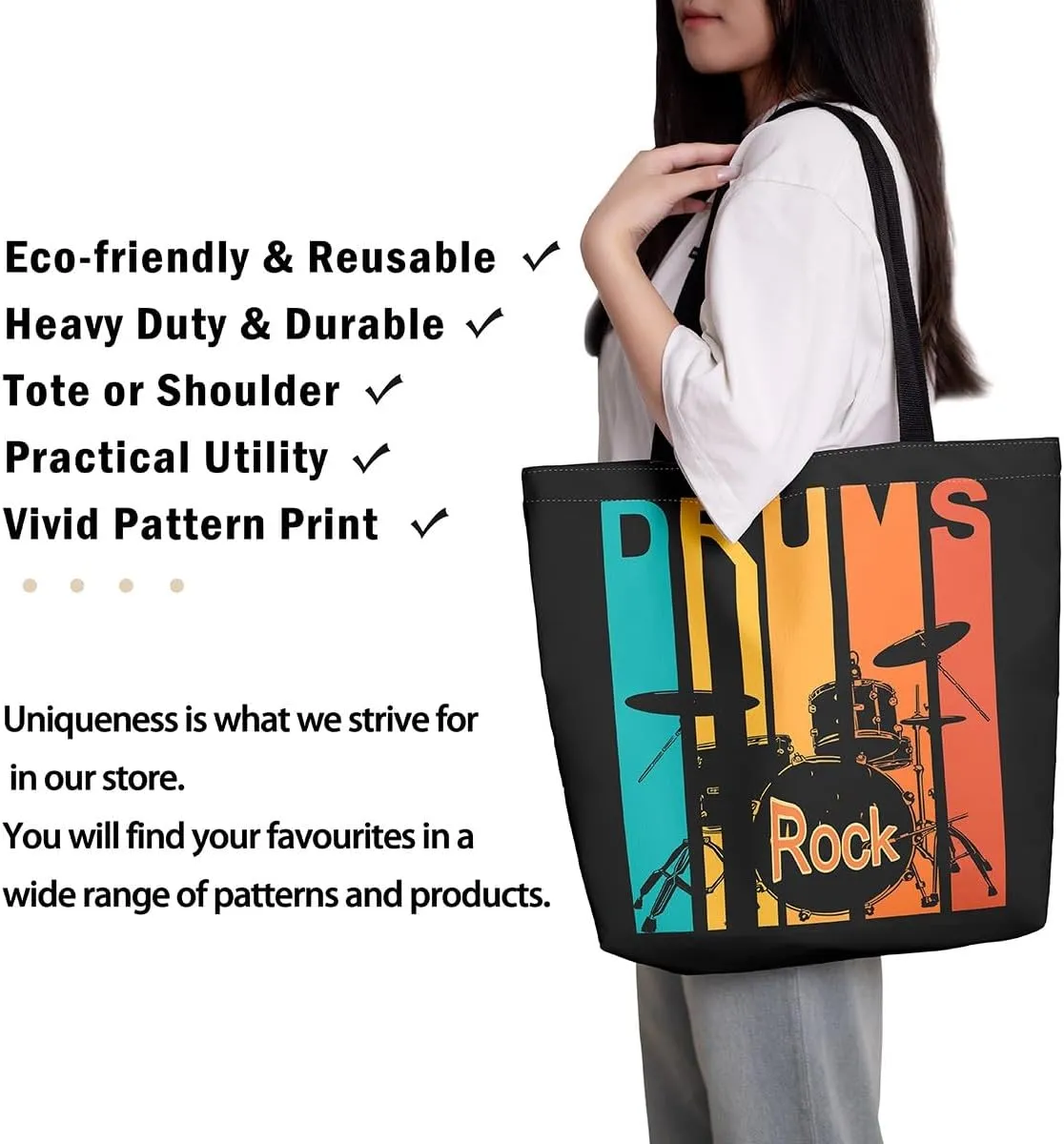 Piano and Guitar Canvas Tote Bag,Musical Notes Tote Bag,Modern Music Themed Shopping Grocery Bags