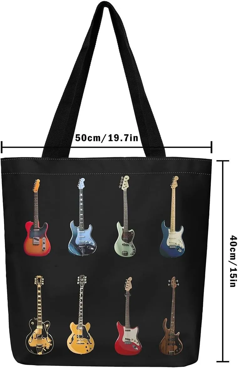 Piano and Guitar Canvas Tote Bag,Musical Notes Tote Bag,Modern Music Themed Shopping Grocery Bags