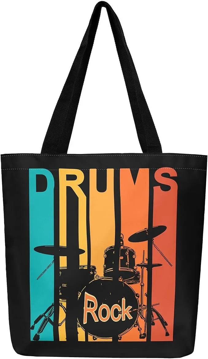 Piano and Guitar Canvas Tote Bag,Musical Notes Tote Bag,Modern Music Themed Shopping Grocery Bags