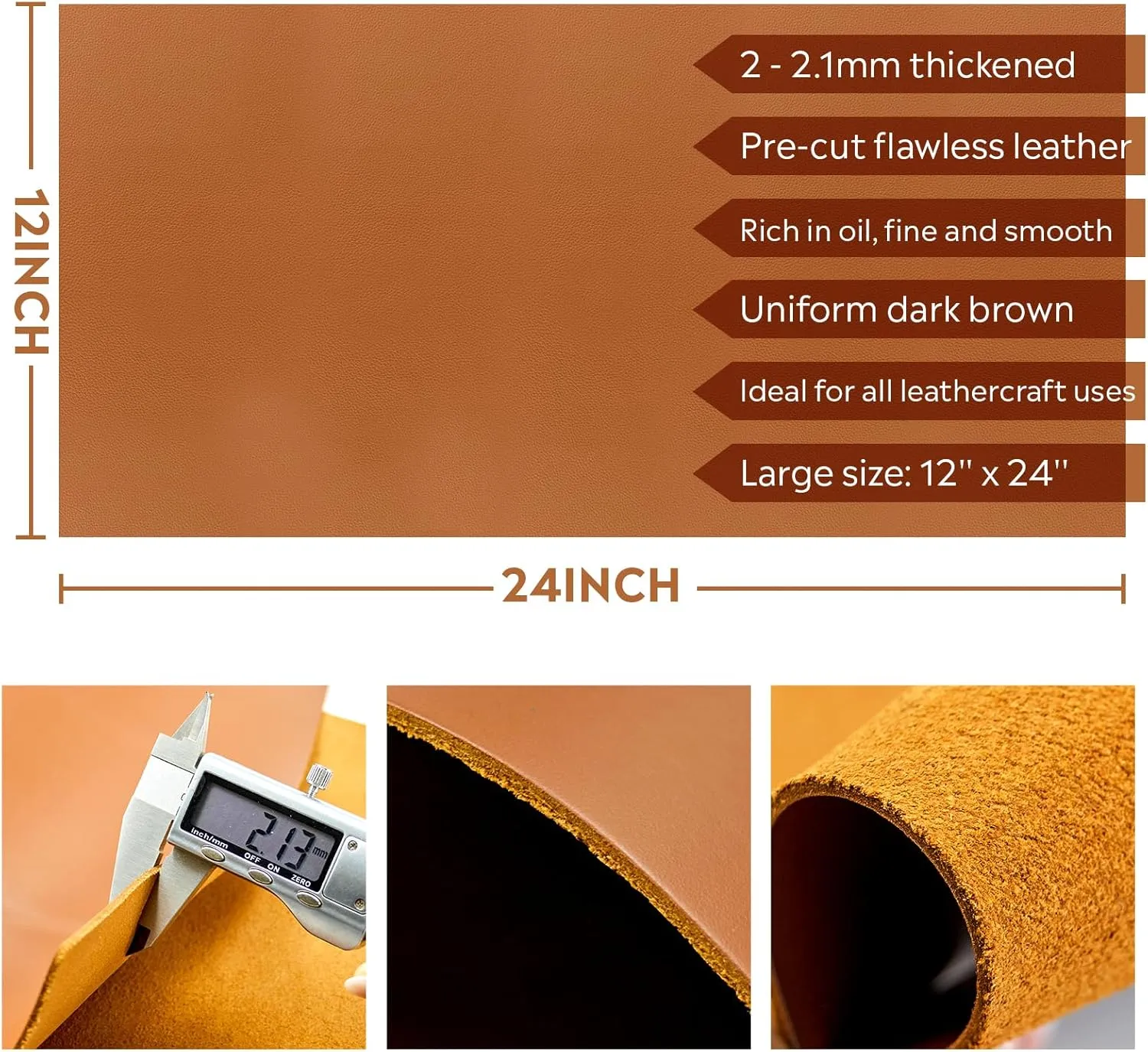PINGMIC 2.0-2.1MM Thickened Genuine Cowhide Leather Sheet, Tooling Leather for Crafting, Sewing Wallets, Watch Straps, Earring, Wallet, Table Mats Etc (Dark Brown, 12" x 24")