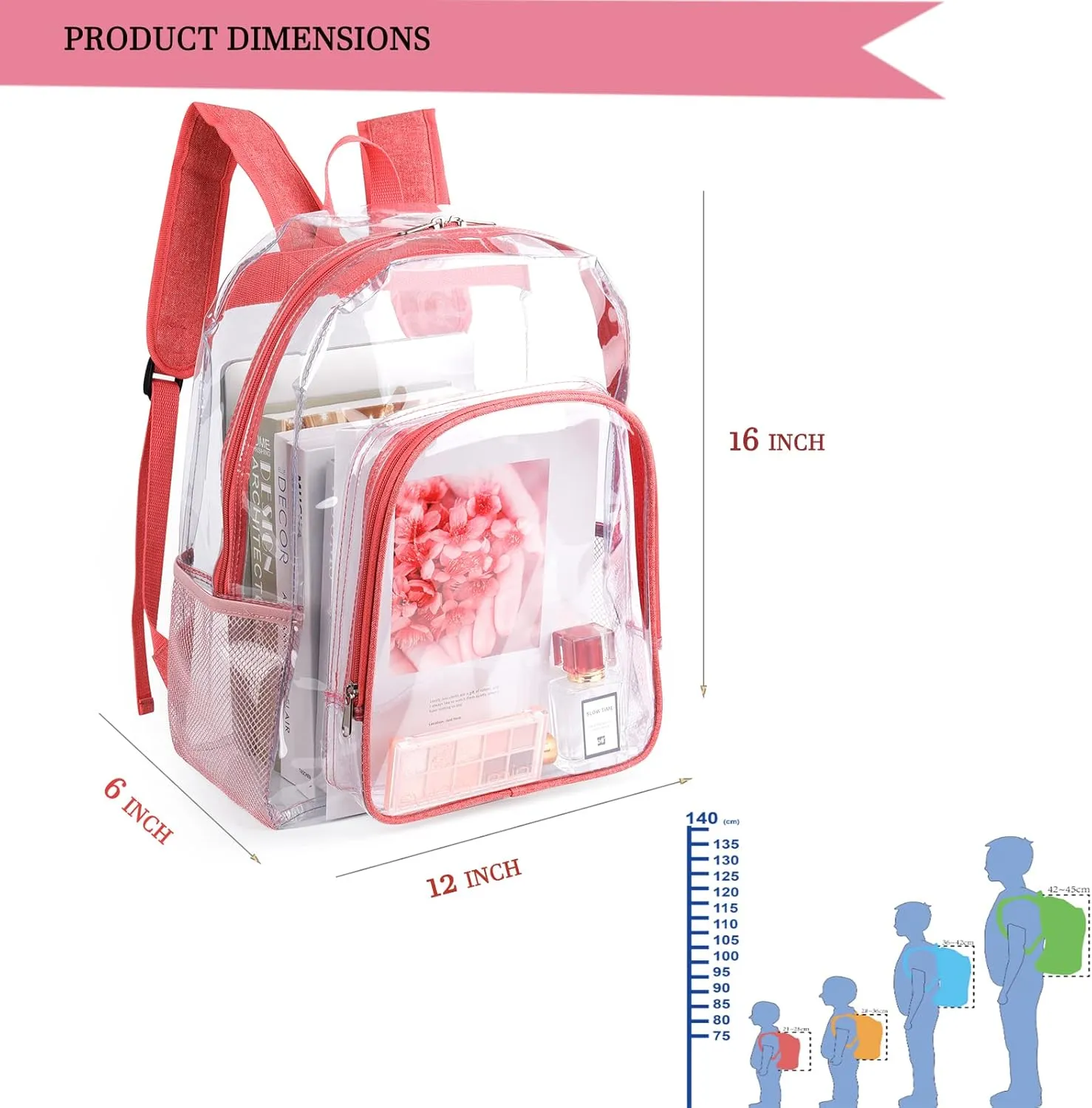Pink Clear Backpack for Girls Women, Stylish See Through Plastic Clear Bookbag for School Stadium Concert 16 inch