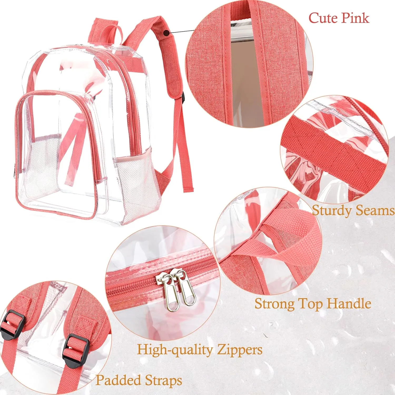 Pink Clear Backpack for Girls Women, Stylish See Through Plastic Clear Bookbag for School Stadium Concert 16 inch