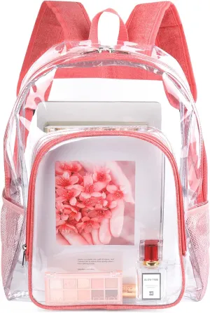 Pink Clear Backpack for Girls Women, Stylish See Through Plastic Clear Bookbag for School Stadium Concert 16 inch