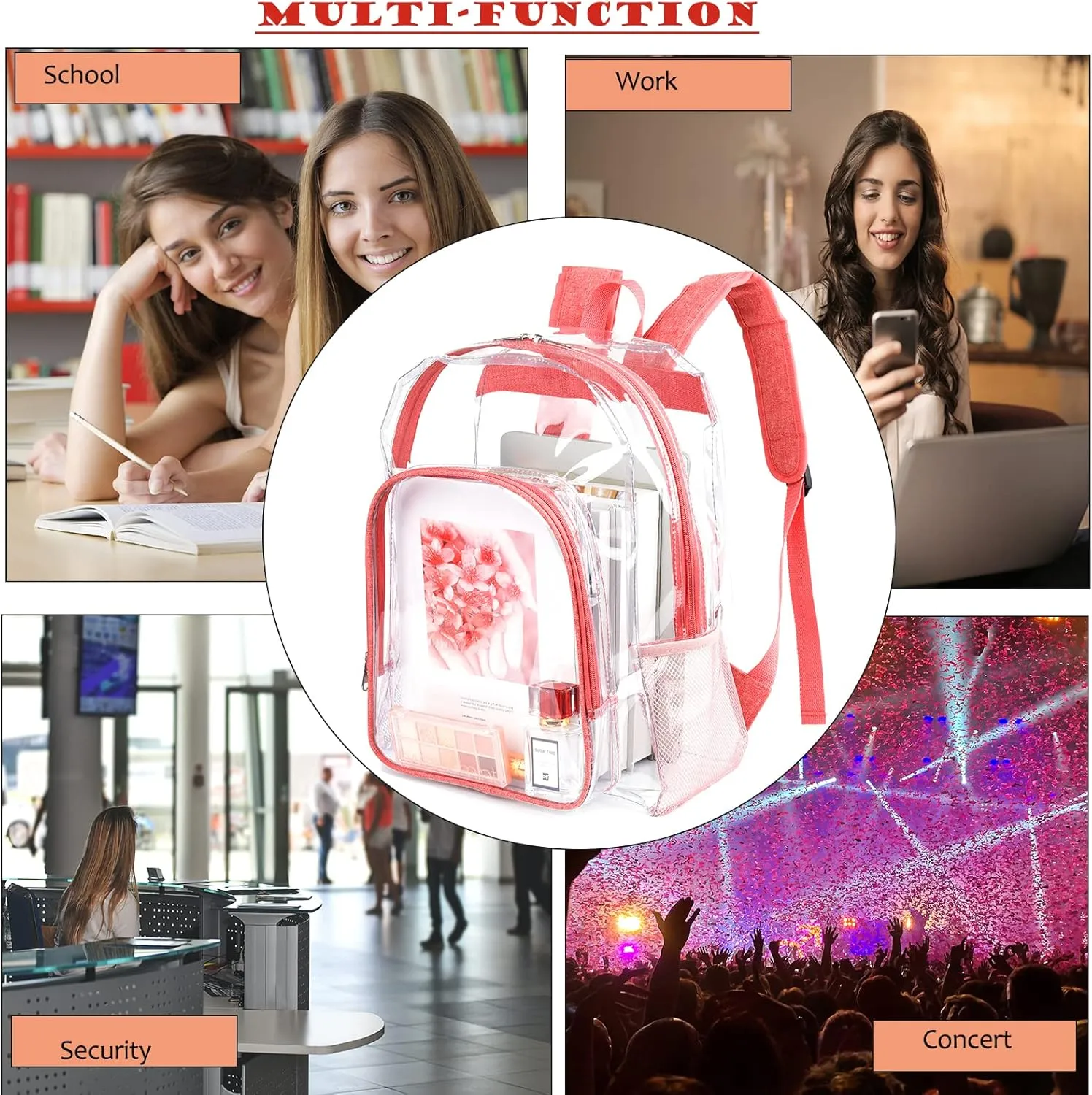 Pink Clear Backpack for Girls Women, Stylish See Through Plastic Clear Bookbag for School Stadium Concert 16 inch
