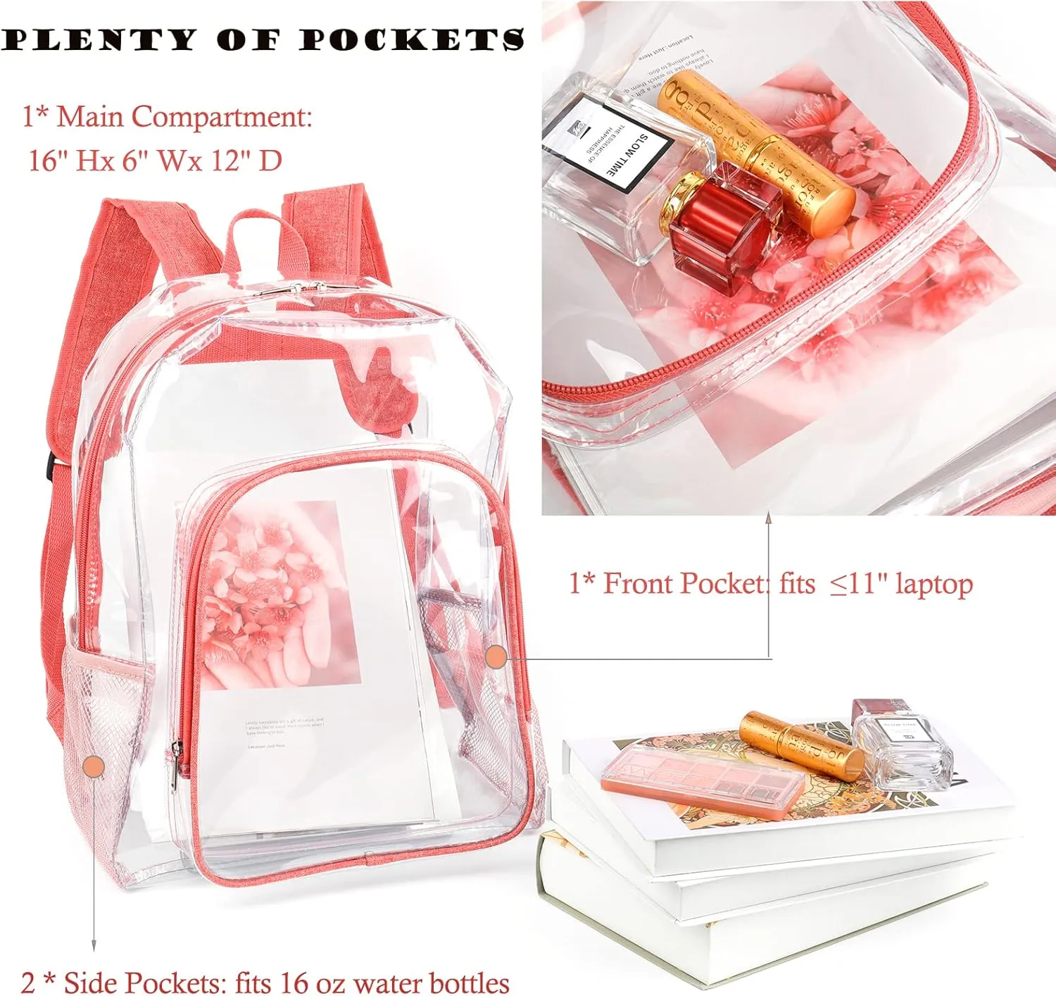 Pink Clear Backpack for Girls Women, Stylish See Through Plastic Clear Bookbag for School Stadium Concert 16 inch