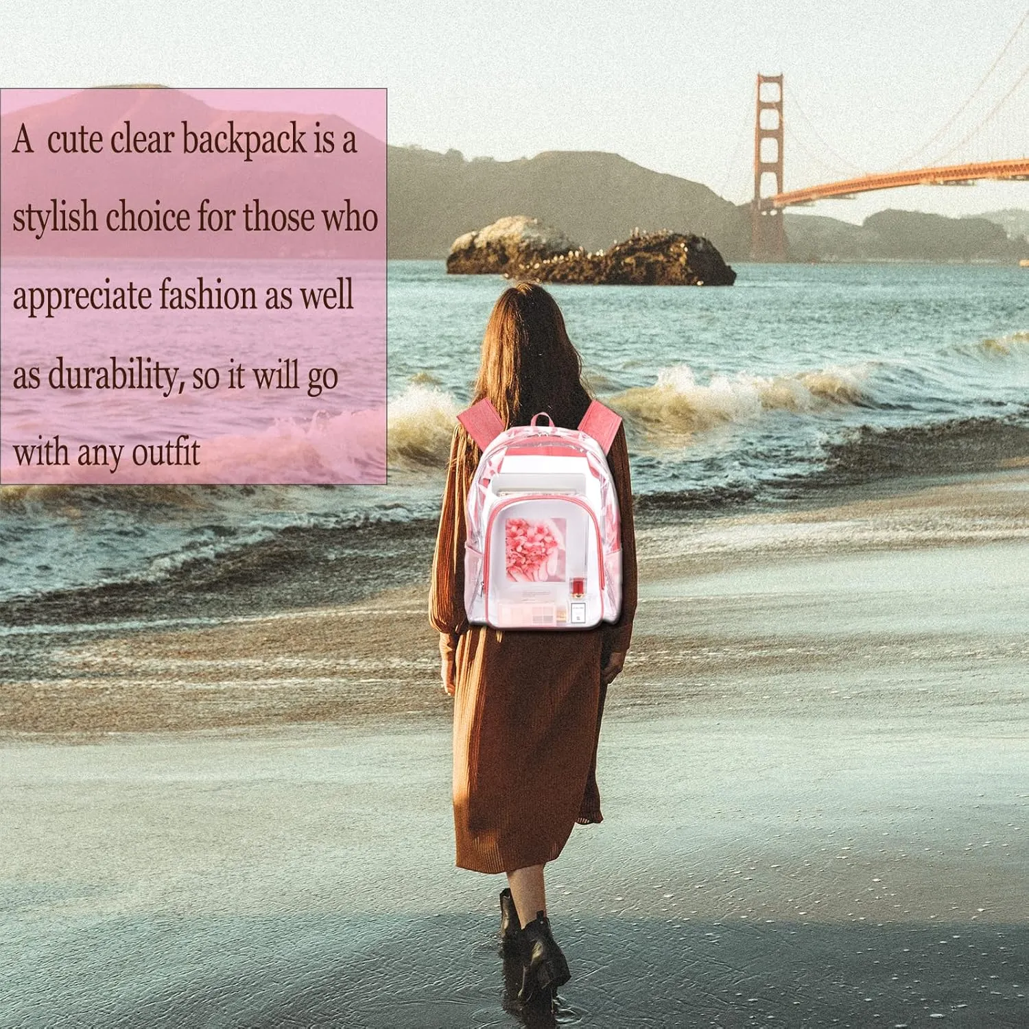 Pink Clear Backpack for Girls Women, Stylish See Through Plastic Clear Bookbag for School Stadium Concert 16 inch