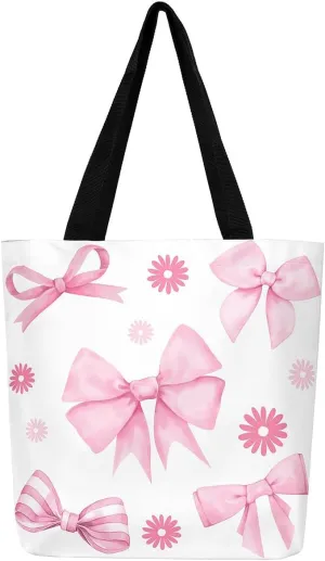 Pink Ribbon Bow Tote Bag,Coquette Bowknot Canvas Tote Bag,Watercolor Bowtie Shoulder Bag