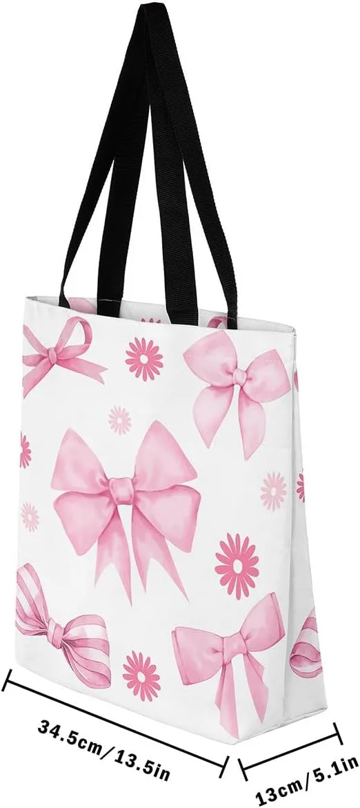 Pink Ribbon Bow Tote Bag,Coquette Bowknot Canvas Tote Bag,Watercolor Bowtie Shoulder Bag