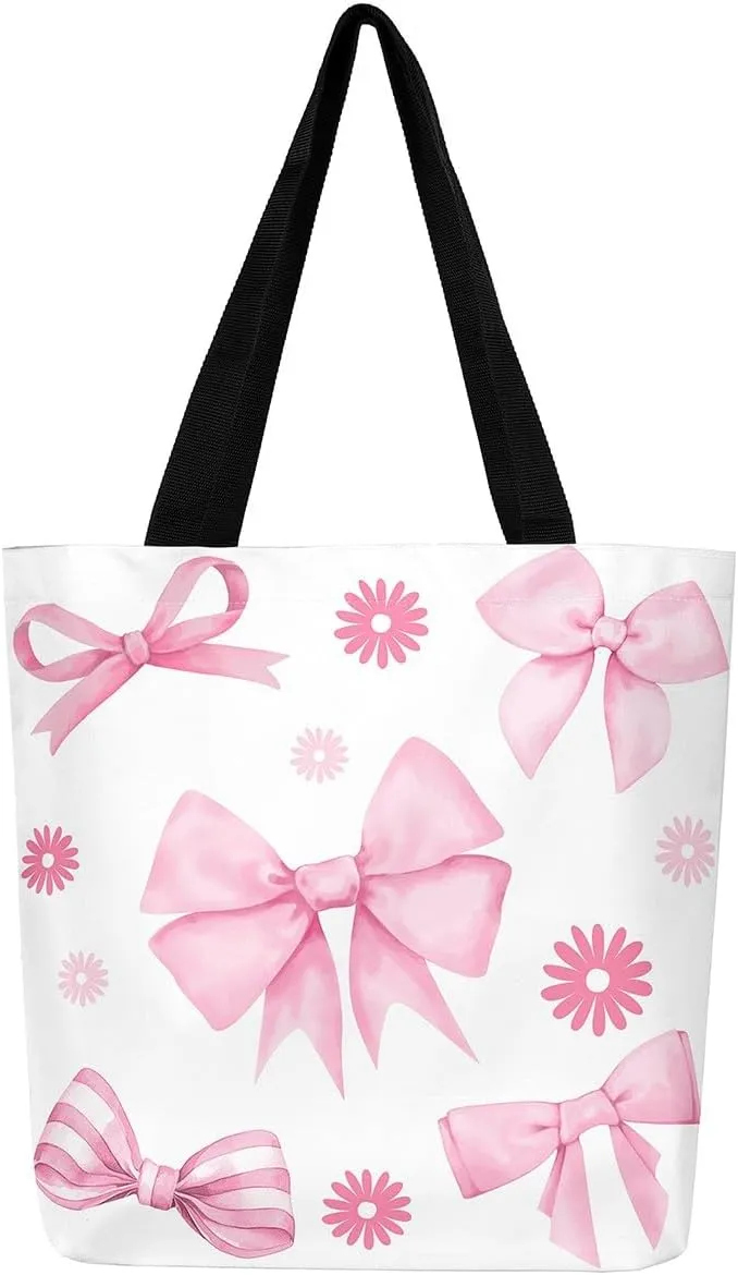 Pink Ribbon Bow Tote Bag,Coquette Bowknot Canvas Tote Bag,Watercolor Bowtie Shoulder Bag
