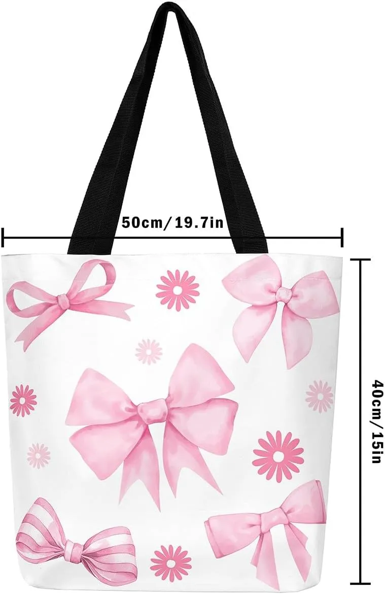 Pink Ribbon Bow Tote Bag,Coquette Bowknot Canvas Tote Bag,Watercolor Bowtie Shoulder Bag
