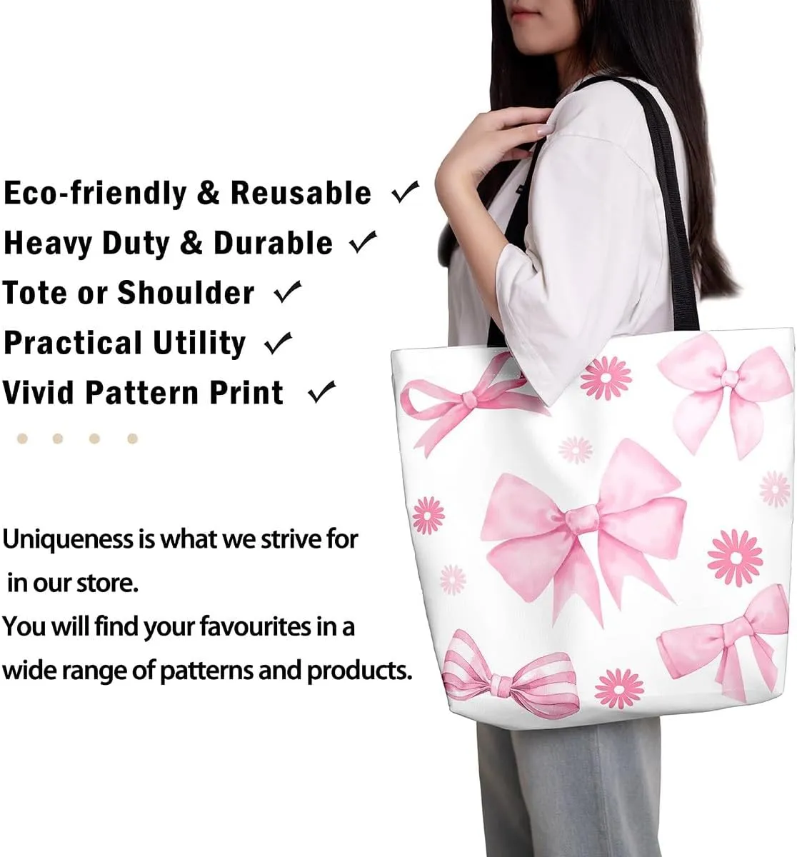 Pink Ribbon Bow Tote Bag,Coquette Bowknot Canvas Tote Bag,Watercolor Bowtie Shoulder Bag