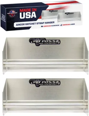 Pit Posse 442 Garage/Trailer Storage Organizers - Set of 2 Tie Down Hangers - Aluminum Junior Ratchet Strap Rack Holder - Automotive Accessories - Race Car Enclosed Trailer [Silver/Unpainted]