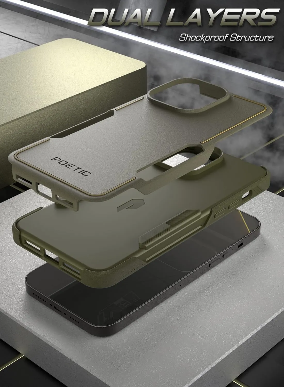 Poetic Neon Case Compatible with iPhone 14 Pro Max, Dual Layer Rugged Slim Shockproof Drop Protection, Military Green