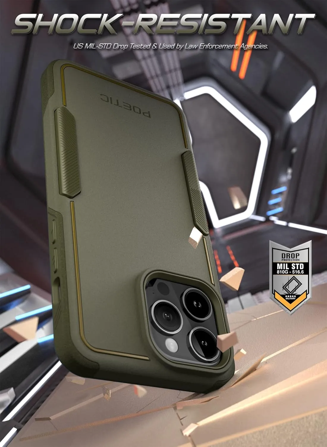 Poetic Neon Case Compatible with iPhone 14 Pro Max, Dual Layer Rugged Slim Shockproof Drop Protection, Military Green