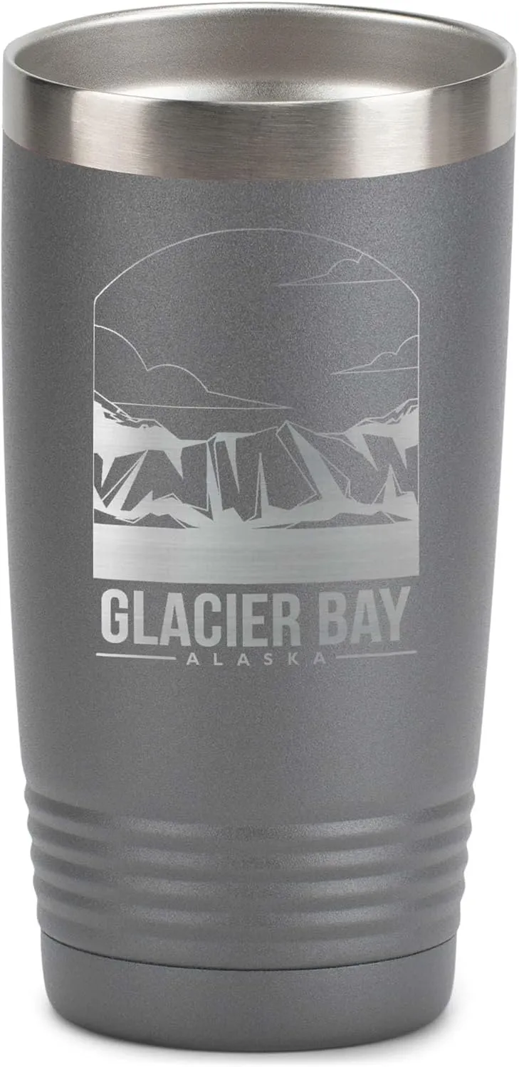 Polar Camel, United States National Parks, Dark Grey 20 Ounce, Stainless Steel, Vacuum Insulated Travel Tumbler Mug With Clear Lid, Glacier Bay Alaska