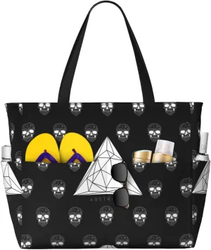 Polygonal Modern Crystal Skull Large Beach Tote Bag for Women Extra Large Capacity Waterproof Sandproof Pool Bag Suitable for Gym Swimming Pool Travel Groceries