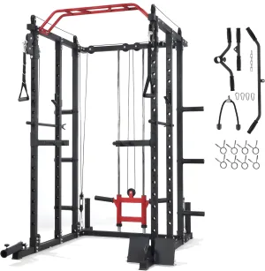 Power Cage with Dual Pulley Cable Crossover System – 1200LBS Multi-Function Squat Rack for Home Gym, Heavy-Duty Steel Frame, 20  Attachments Included