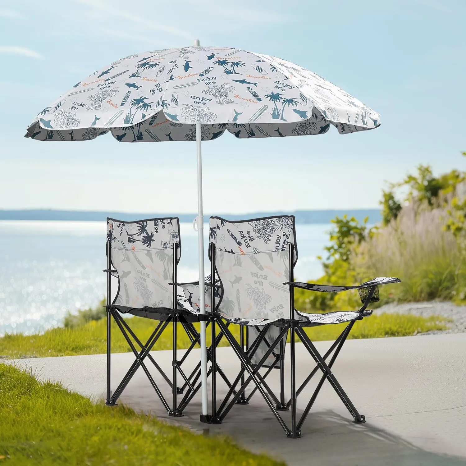 Premium Double Camping Chairs with Umbrella - Portable, 2 Seat Folding Camp Fishing Chair with Beverage Holder Carrying Bag Cooler Fold Up Table,Multi-Functional Outdoor Equipment,Coconut Tree