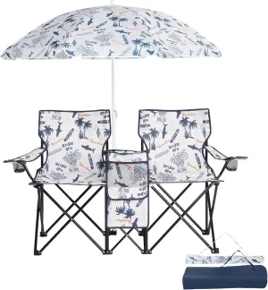 Premium Double Camping Chairs with Umbrella - Portable, 2 Seat Folding Camp Fishing Chair with Beverage Holder Carrying Bag Cooler Fold Up Table,Multi-Functional Outdoor Equipment,Coconut Tree