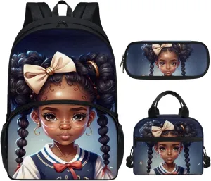 Preppy Afro Girls Elementary School Backpack Set with Lunch Box & Pencil Case