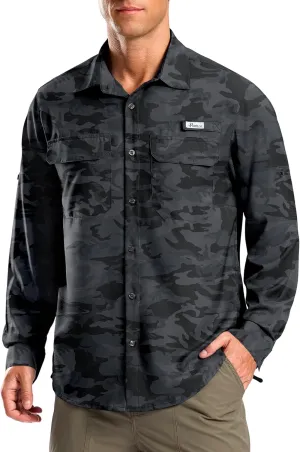 Pudolla Men's Sun Protection Fishing Shirt Lightweight Long Sleeve UPF 50  Hiking Shirt for Men Outdoor Travel with Pockets