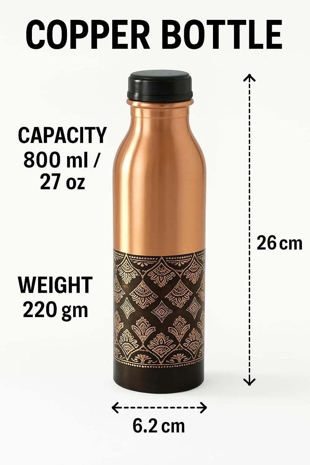 Pure Copper Water Bottle – 800ml / 27oz | Leak-Proof Ayurvedic Copper Bottle for Drinking Water | Handmade Design | BPA-Free