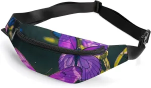 Purple Butterflies Belt Bag with Adjustable Strap, Lightweight Travel Crossbody Bags, Hands-Free Mini Fanny Packs in Running Gym