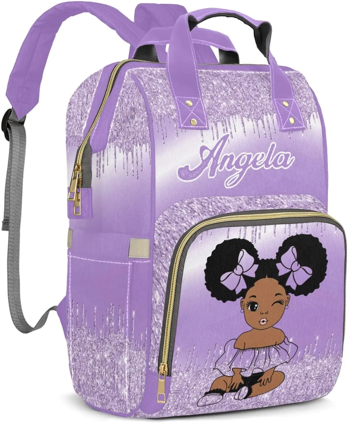 Purple Glitter Print Mummy Bags Custom with Name Personalized Diaper Bags Backpack Presents