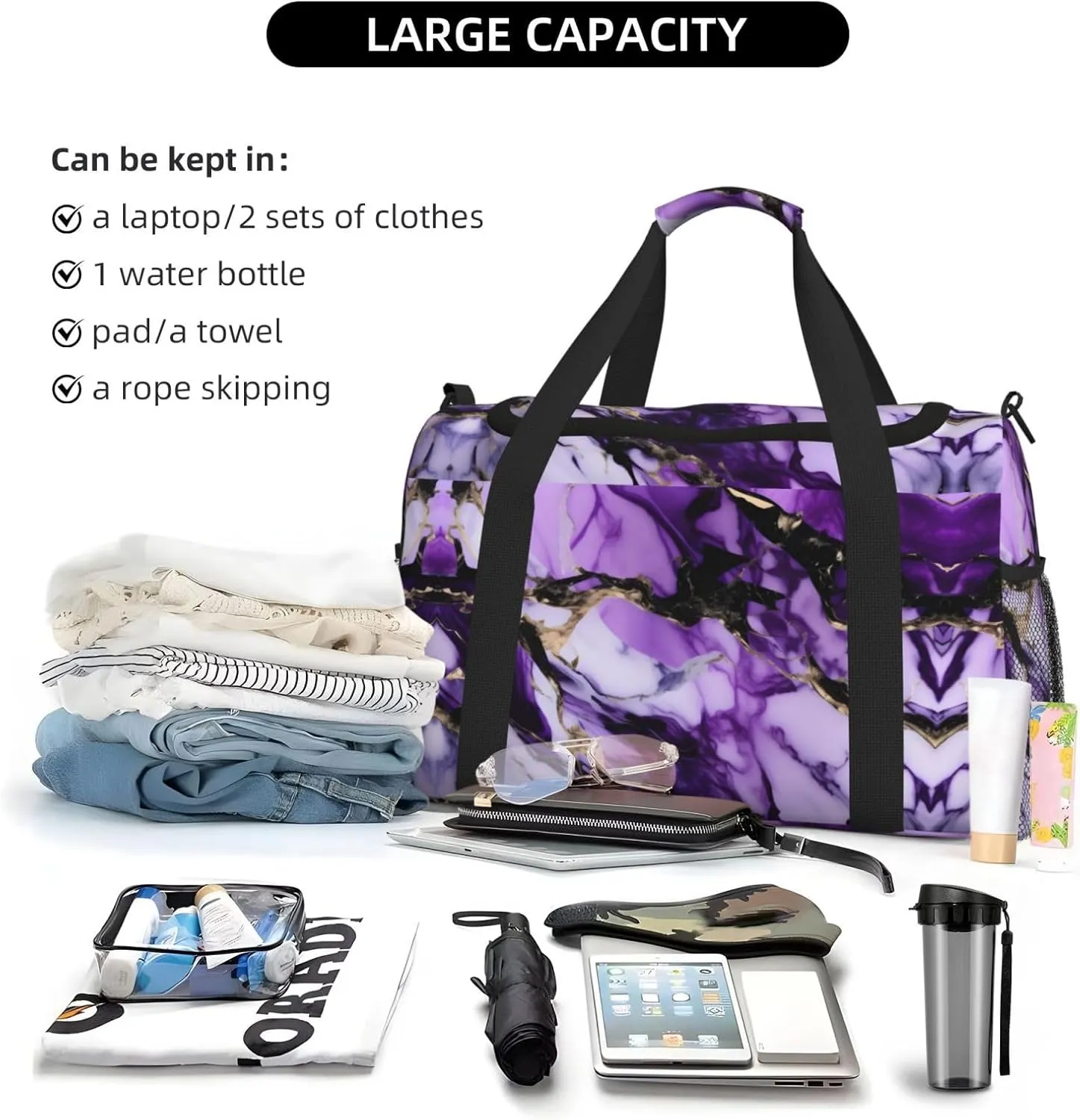 Purple Marble Travel Bag, Weekender Bags For Women Men For Outdoor Adventures, Ideal For Camping And Hiking