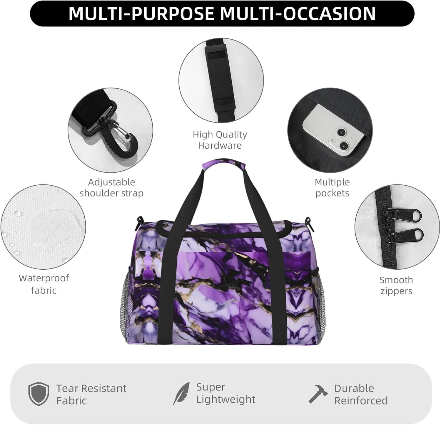 Purple Marble Travel Bag, Weekender Bags For Women Men For Outdoor Adventures, Ideal For Camping And Hiking