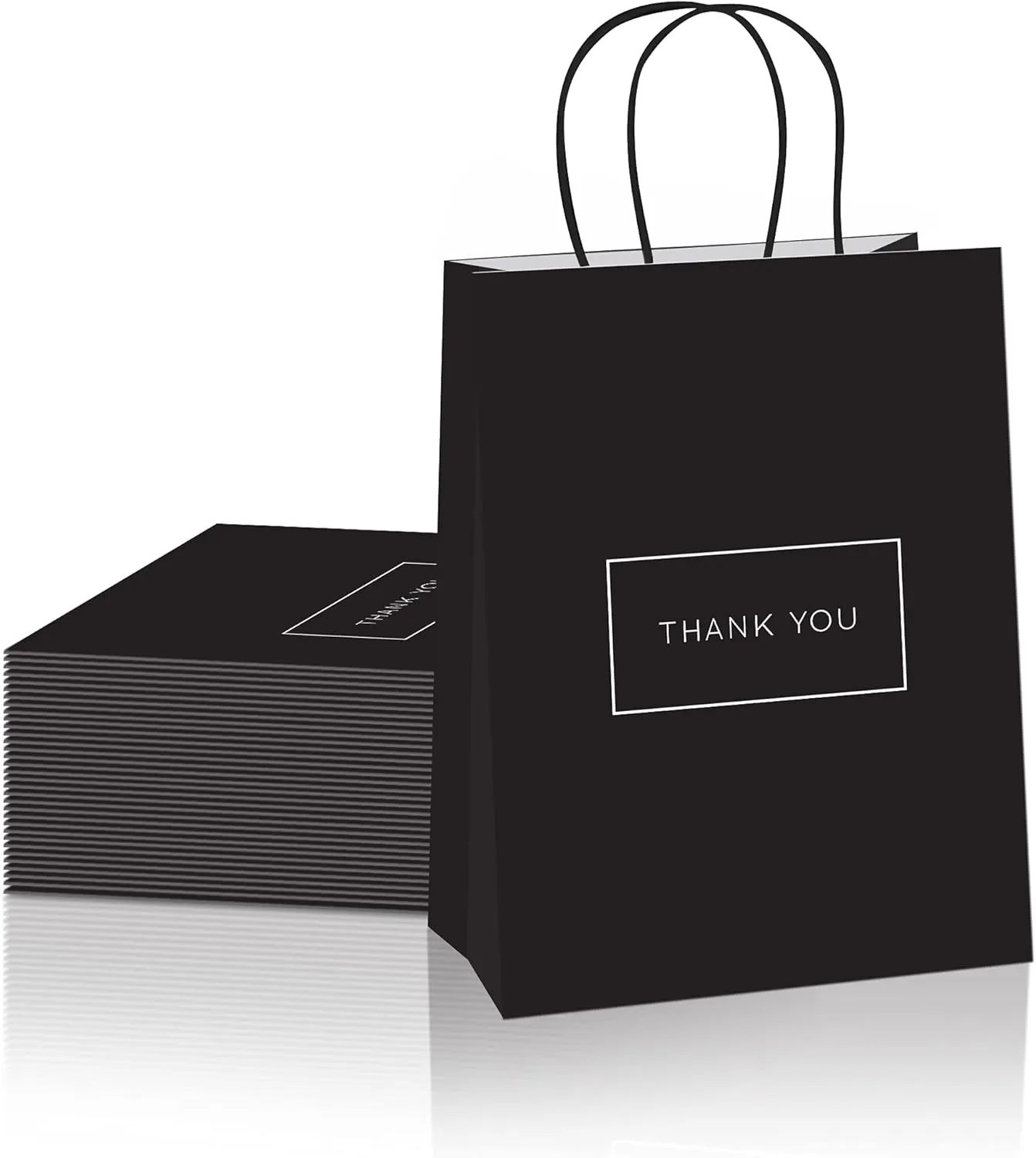 Purple Q Crafts Small Paper Thank You Gift Bags with Handles – 8x4x10 Inches, Strong Quality 50 Pack Black Shopping Bags with Thank You Logo