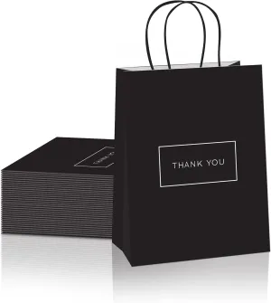 Purple Q Crafts Small Paper Thank You Gift Bags with Handles – 8x4x10 Inches, Strong Quality 50 Pack Black Shopping Bags with Thank You Logo