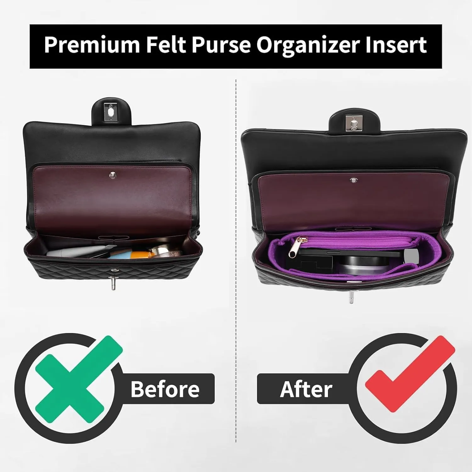 Purse Organizer Insert for Chanel Classic Flap Medium Bag Organizer Insert Handbag (Violet, Medium)