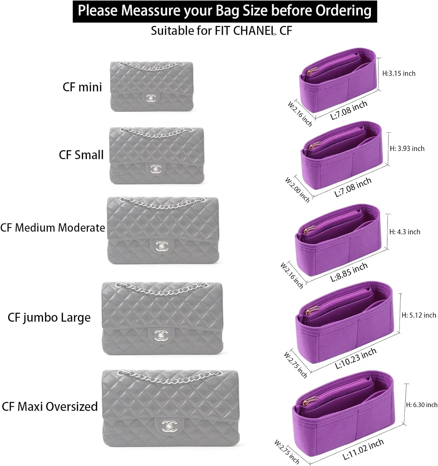Purse Organizer Insert for Chanel Classic Flap Medium Bag Organizer Insert Handbag (Violet, Medium)