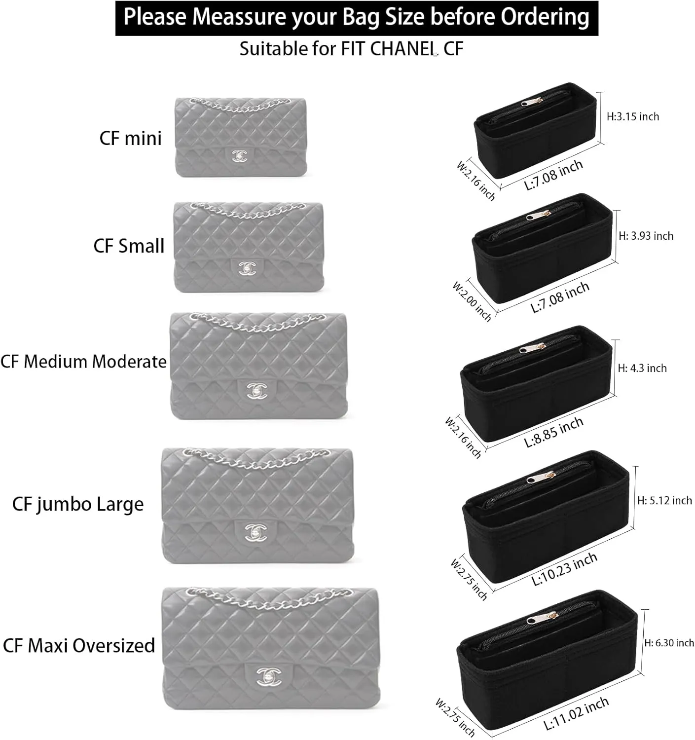 Purse Organizer Insert for Chanel Classic Flap Small Bag Organizer Insert Handbag (Black, Small)