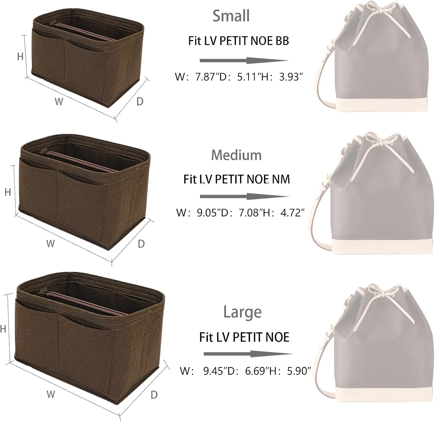 Purse Organizer Insert for LV Noe NM Bucket Bags,Tote Bag Organizer with zipper insert (Brown, Medium)