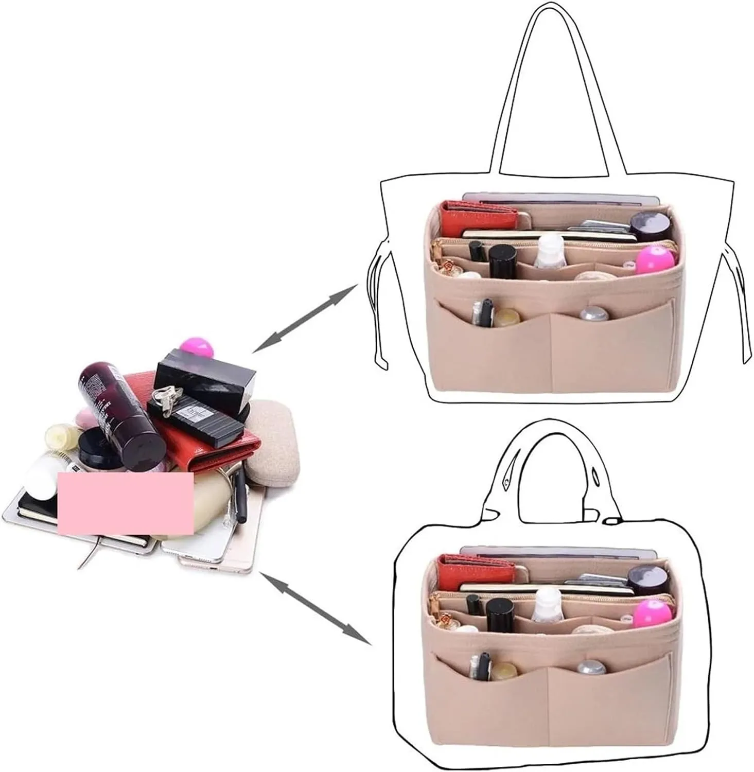 Purse Organizer Insert Make Up Organizer Insert Bag For Handbag, Felt Bag With Zipper, Travel Inner Purse, Fit Cosmetic Bags(Color-B1,30x16x16cm)