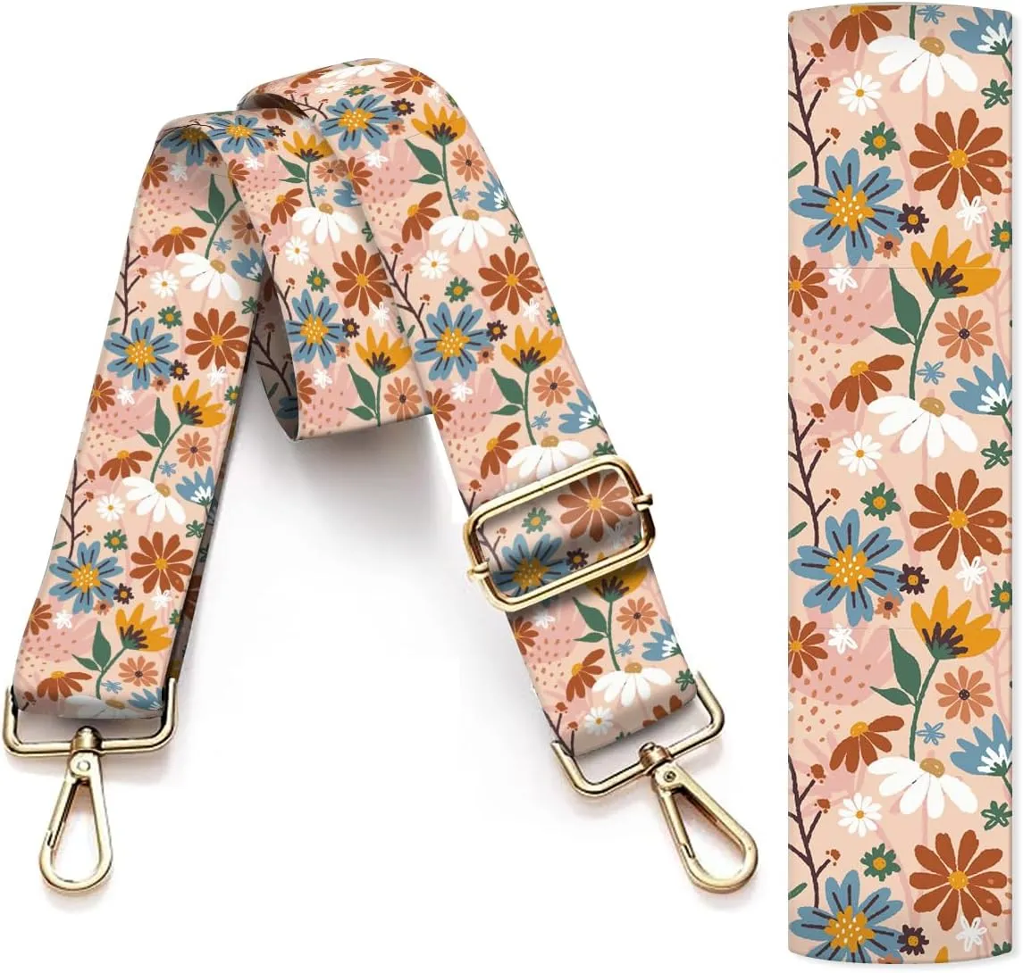 Purse Strap Replacement Crossbody, 3.8cm Wide Shoulder Strap Adjustable Replacement Belt Gold Buckle, Handbag Crossbody Bag Strap Luxury Colorful Flowers