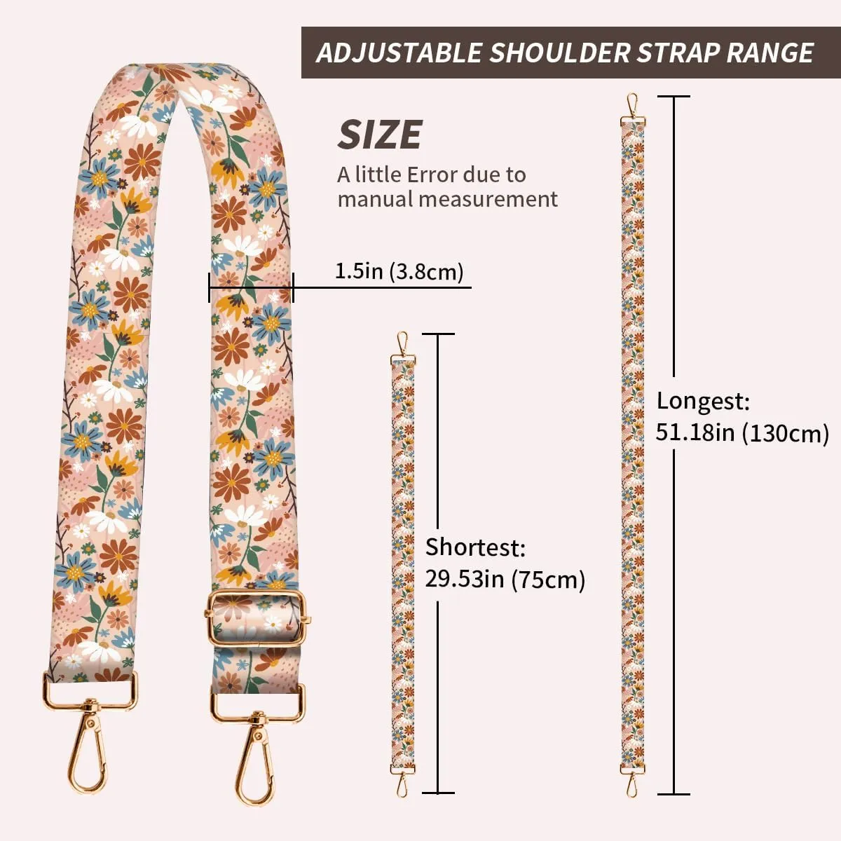 Purse Strap Replacement Crossbody, 3.8cm Wide Shoulder Strap Adjustable Replacement Belt Gold Buckle, Handbag Crossbody Bag Strap Luxury Colorful Flowers