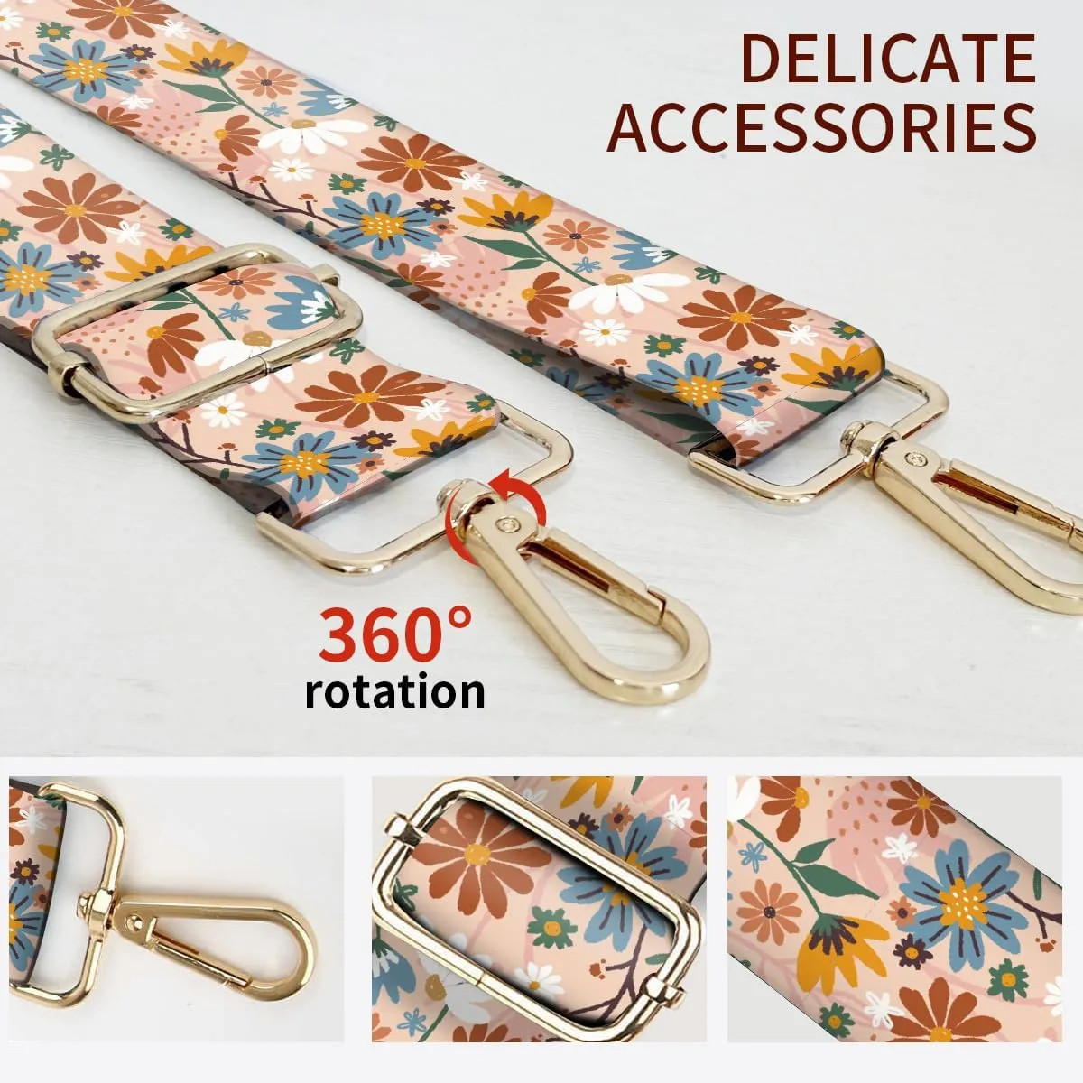 Purse Strap Replacement Crossbody, 3.8cm Wide Shoulder Strap Adjustable Replacement Belt Gold Buckle, Handbag Crossbody Bag Strap Luxury Colorful Flowers