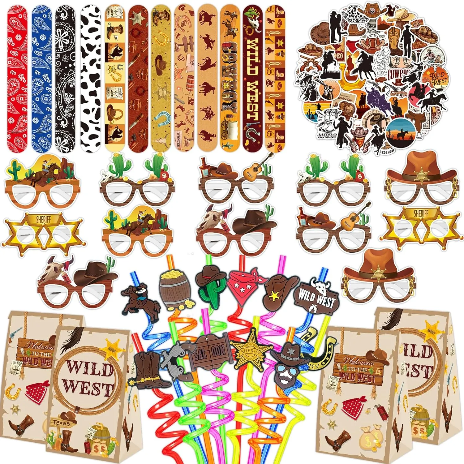 QICI 98pcs Western Cowboy Party Favors Supplies -Reusable Drinking straws Masks&Slap Bracelets Bags&Stickers Gifts for Kids Birthday Western Themed Party Favors Birthday Decorations