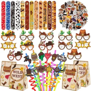 QICI 98pcs Western Cowboy Party Favors Supplies -Reusable Drinking straws Masks&Slap Bracelets Bags&Stickers Gifts for Kids Birthday Western Themed Party Favors Birthday Decorations
