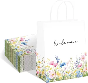 QIELSER Welcome Bags for Wedding Guests Bulk, Watercolor Wildflowers Welcome Gift Bags with Handles Shopping paper Bags Good for Wedding, Birthday Party Supplies, Craft, Packaging, Retail (25)