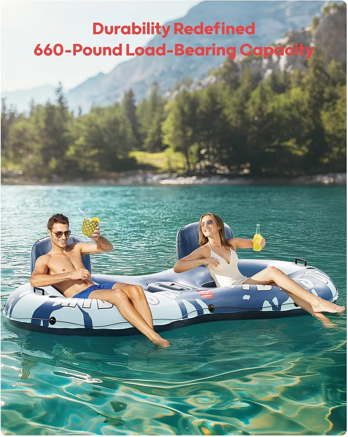 QPAU Inflatable Double River Tube, 2 Person 660lb Capacity, Puncture-Resistant 93" Sturdy Heavy Duty River Float, River Raft with Ergonomic Backrest, Cooler & Cup Holders for Family
