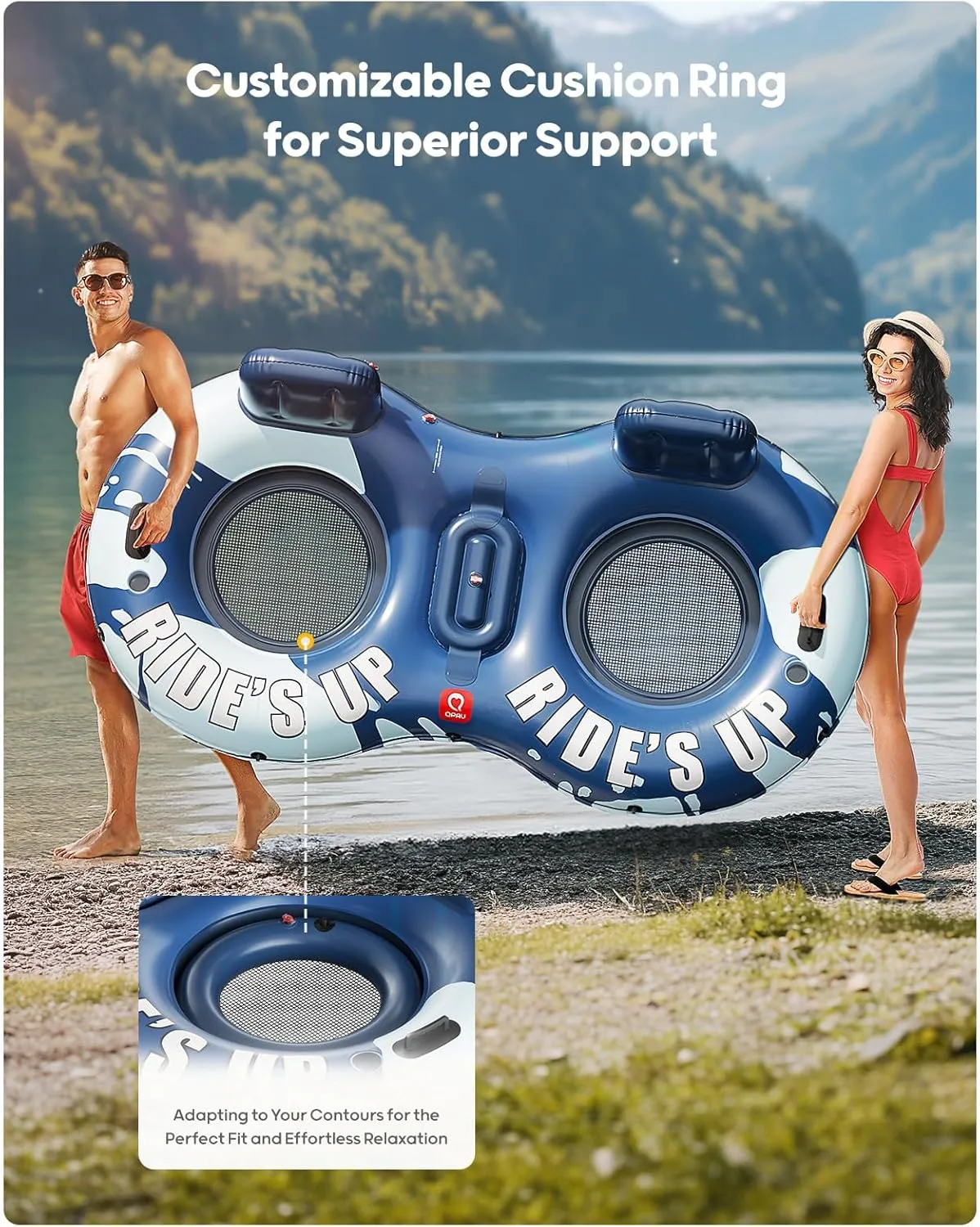 QPAU Inflatable Double River Tube, 2 Person 660lb Capacity, Puncture-Resistant 93" Sturdy Heavy Duty River Float, River Raft with Ergonomic Backrest, Cooler & Cup Holders for Family