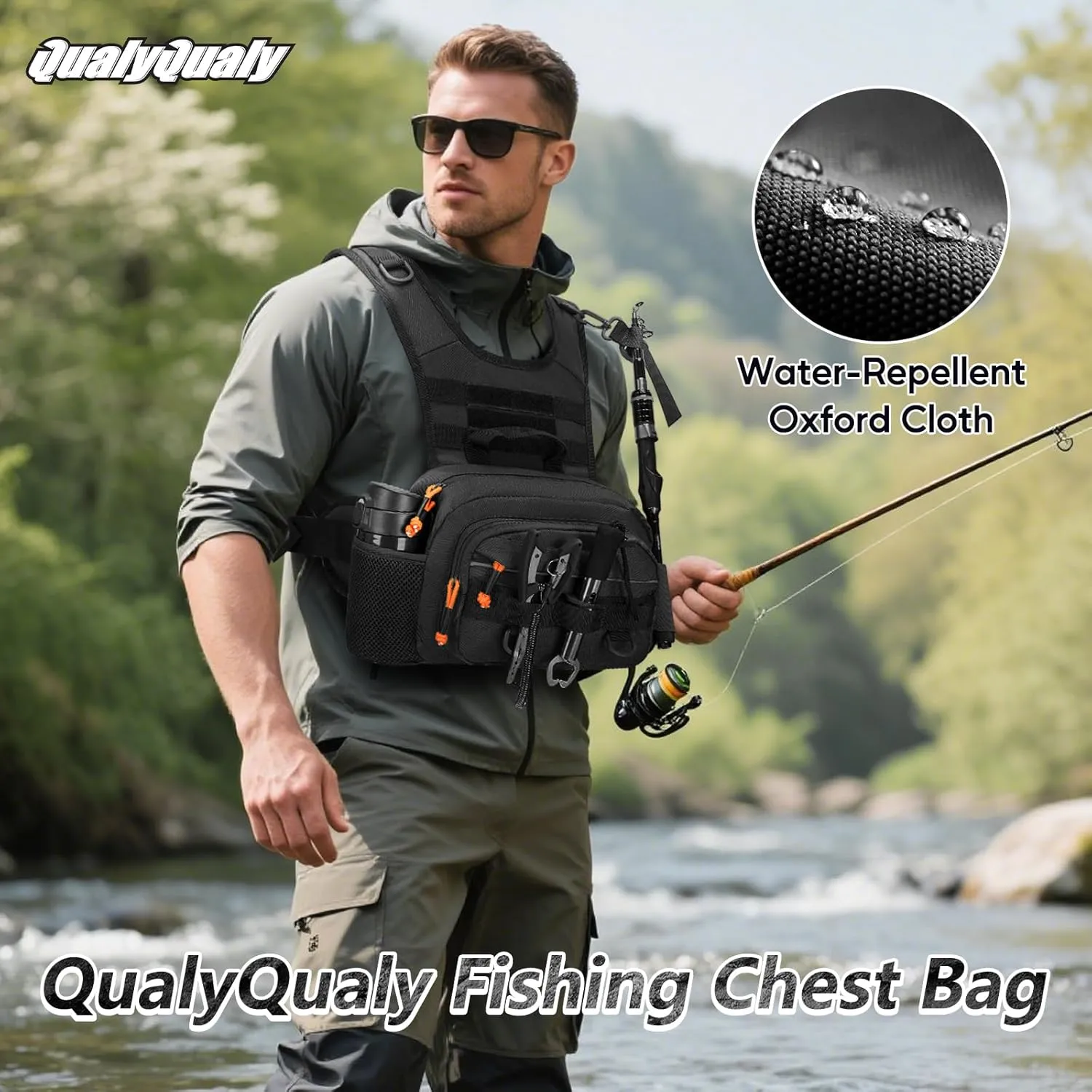 QualyQualy Fishing Chest Pack Tactical Chest Rig Fly Fishing Pack for Sports Outdoor with Compartment Adjustable Strap